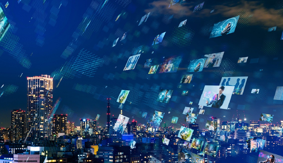 Skyline with snippets of video floating through the air